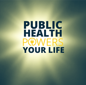 Public Health Powers Your Life with sun like burst shining through dark green background.