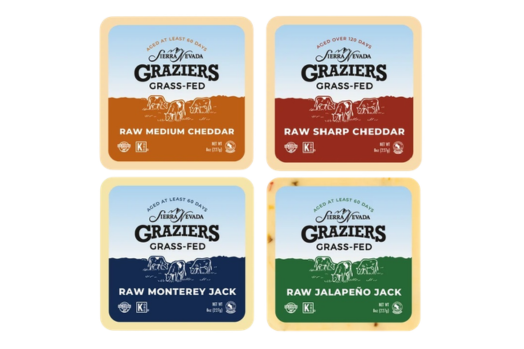 Four packaged cheese labels arranged in a grid: Grazers Grass-Fed Raw Medium Cheddar, Raw Sharp Cheddar, Raw Monterey Jack, and Raw Jalapeño Jack, each with colored branding and ingredient icons.