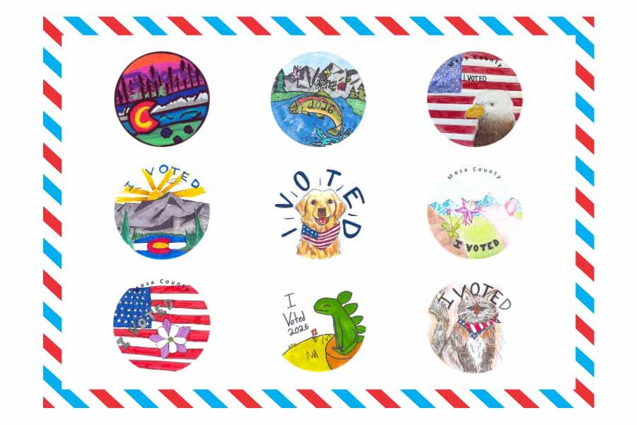 Graphic showing designs for nine round stickers with the words “I Voted” on each one.